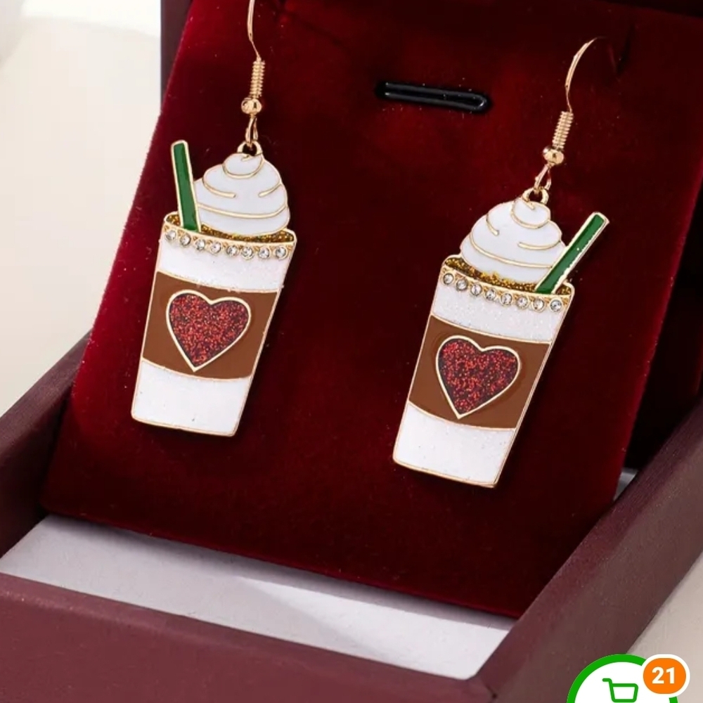 Coffee Cup Heart Dangle Earrings - White, Brown, Red, Green